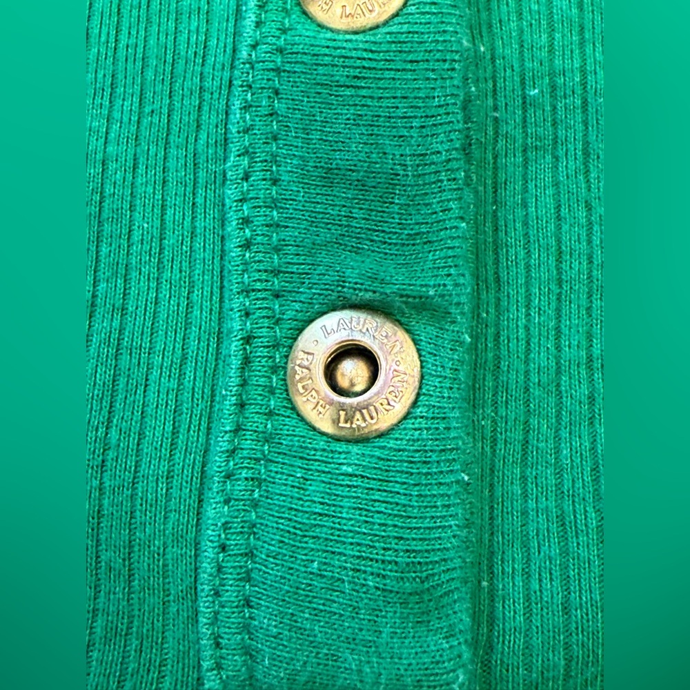 Lauren Ralph Lauren Green Ribbed Henley Top Gold Snap Buttons Size L - Picture 4 of 8
